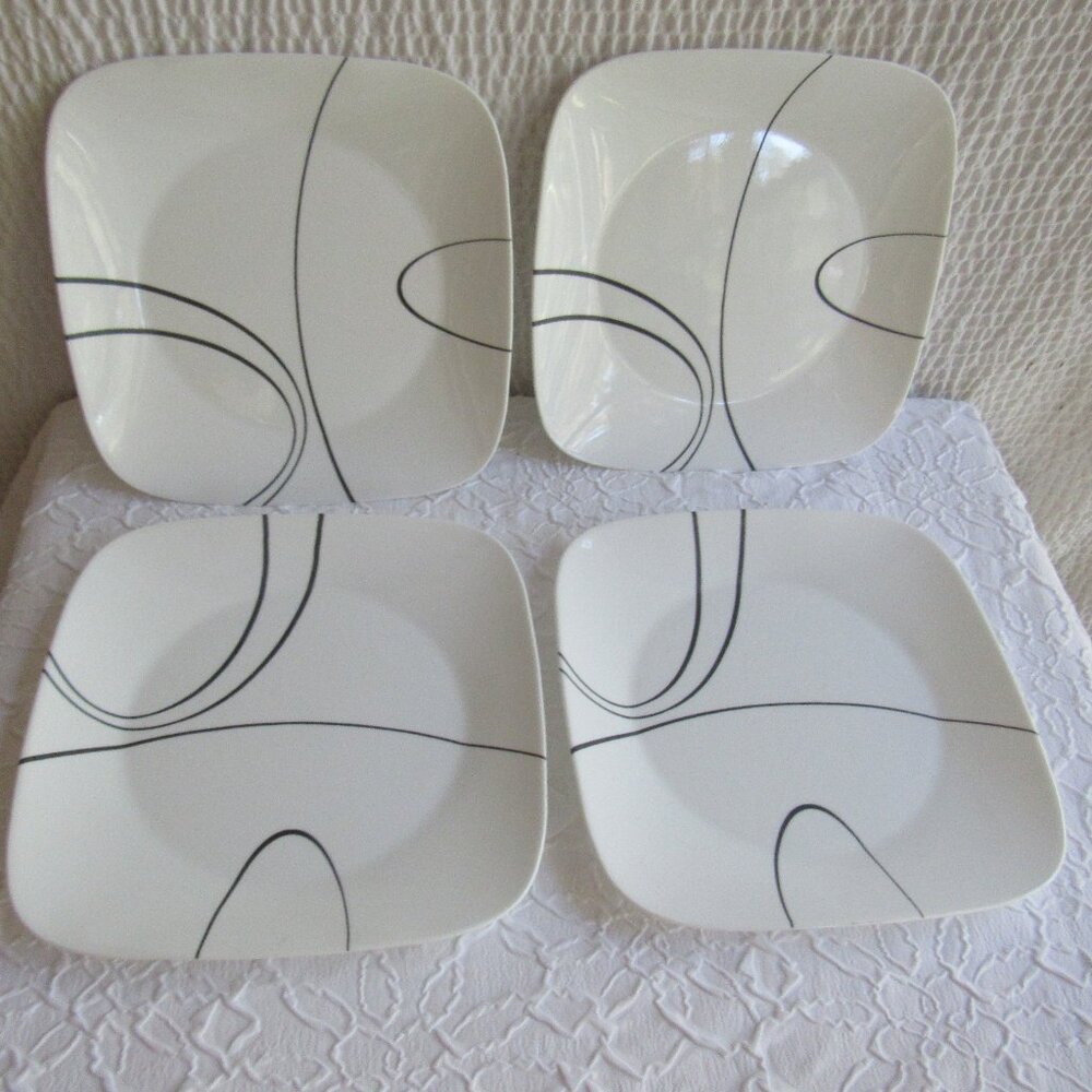 4 Corning Corelle Square Simple Lines White Black Dinner Plates Plate